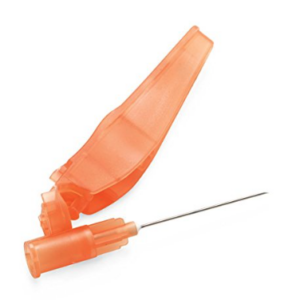 AGUJAS. Aguja hipodérmica naranja de 25G x 25 mm (1 pulgada) con bajo espacio muerto para la aplicación de vacuna contra COVID-19. Estéril y desechable con empaque protector individual.